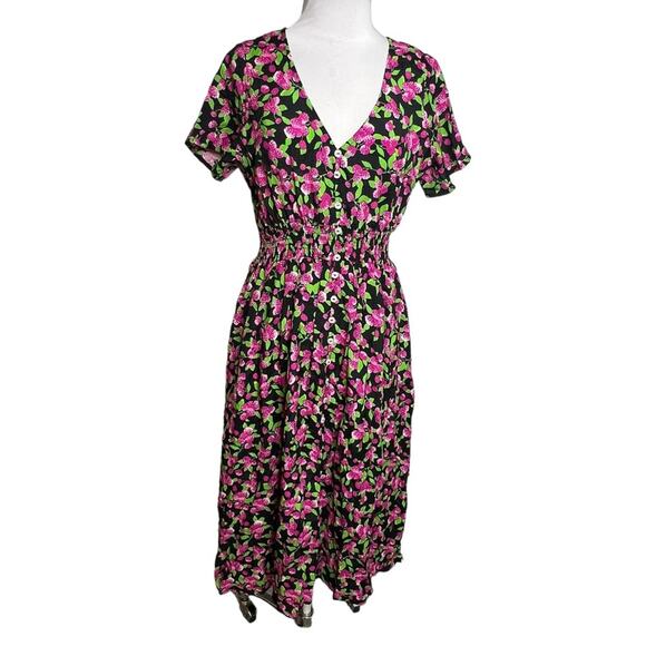 NWT Modcloth Midi Dress smocked waist raspberry print Sz S - Picture 1 of 6